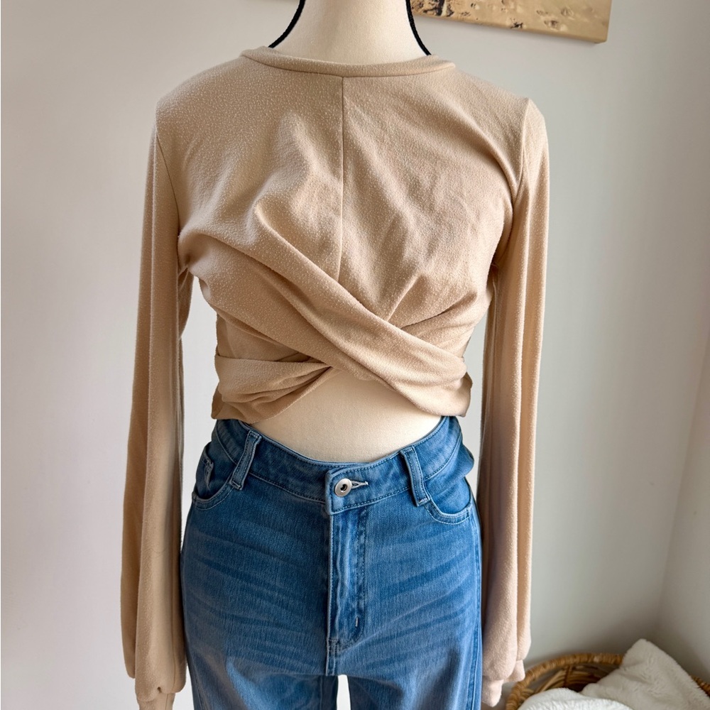 Beige Twist-Front Cropped Long Sleeve Top
